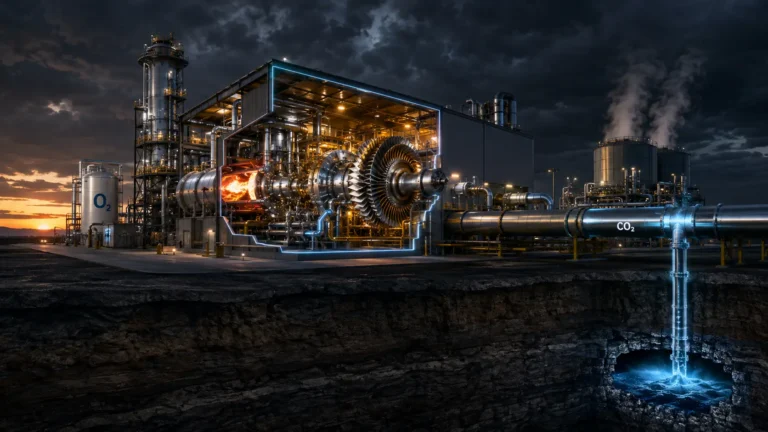 A high-tech digital render of an Allam-Fetvedt Cycle power plant utilizing supercritical CO2 for zero-emission electricity generation.