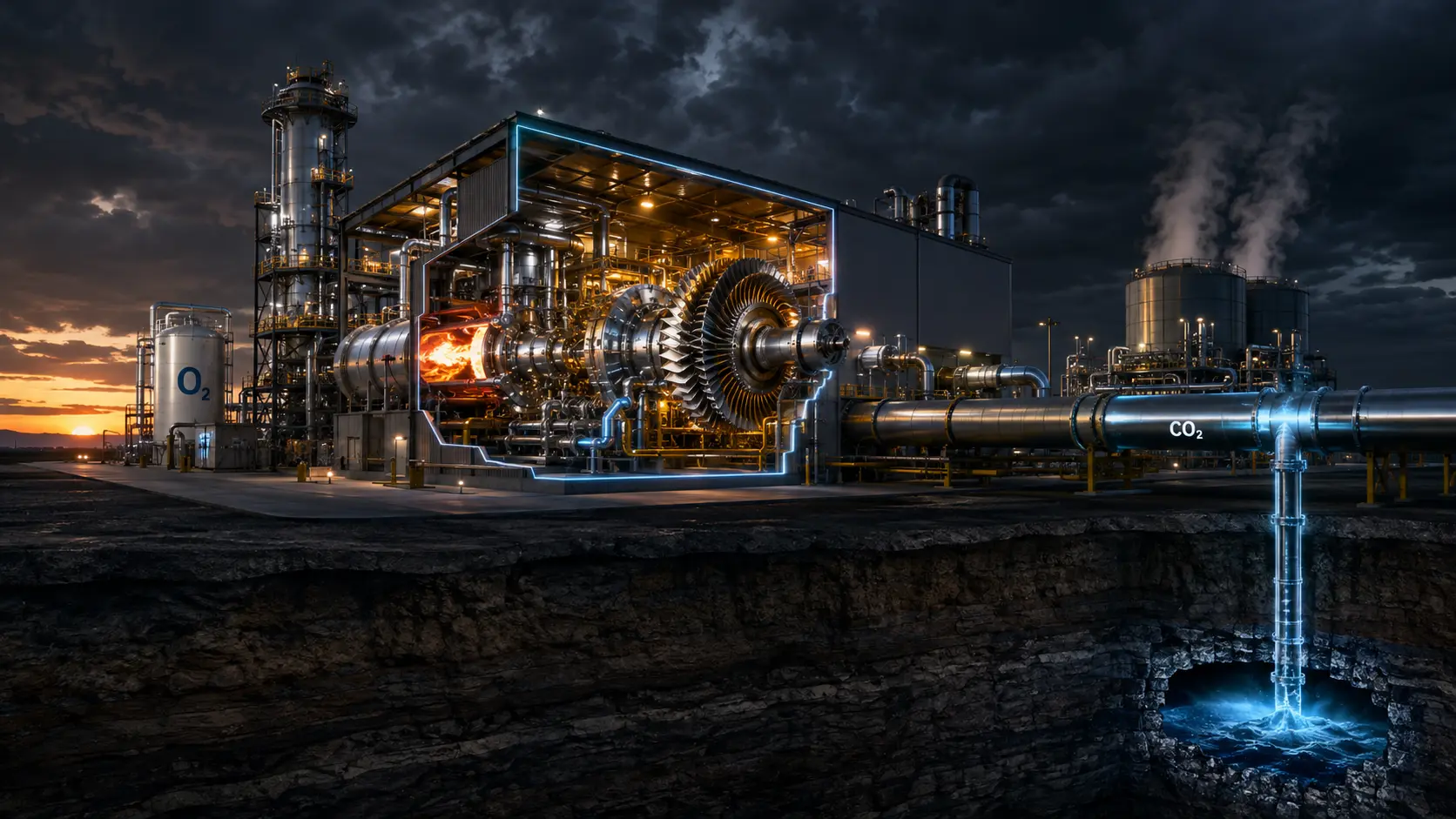A high-tech digital render of an Allam-Fetvedt Cycle power plant utilizing supercritical CO2 for zero-emission electricity generation.