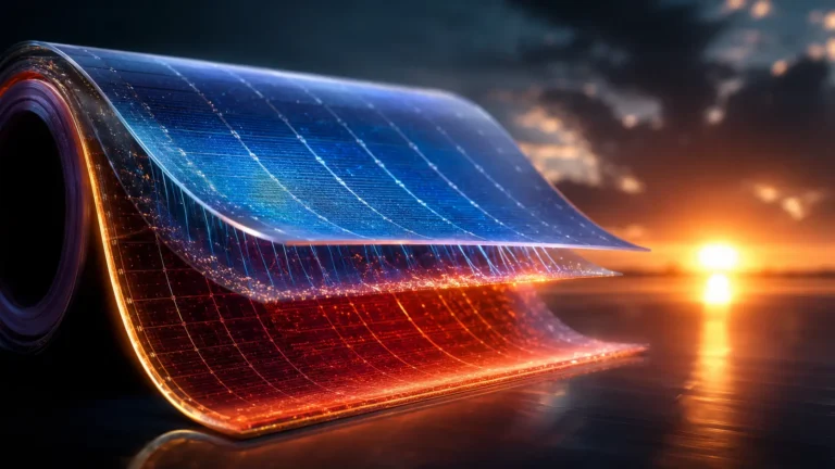 A high-tech digital render of an all-perovskite tandem solar cell being printed on a continuous roll-to-roll flexible manufacturing press.