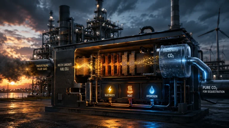 A high-temperature Molten Carbonate Fuel Cell (MCFC) installation operating at an industrial power plant.