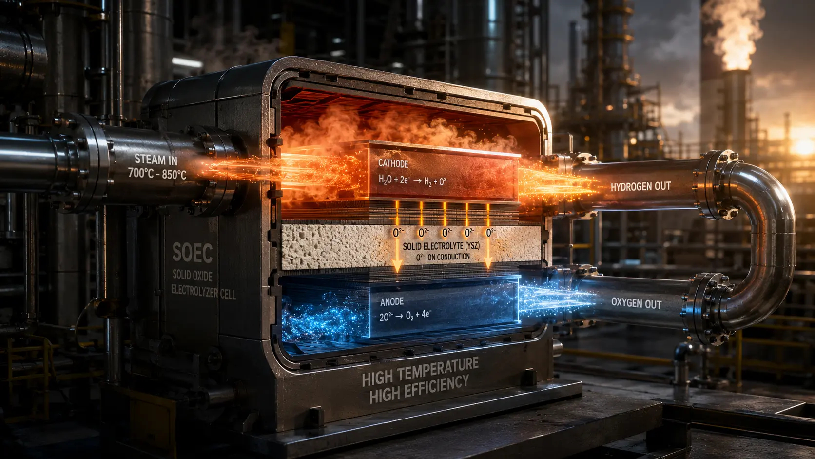 A high-temperature Solid Oxide Electrolyzer Cell (SOEC) facility generating green hydrogen using industrial waste heat.
