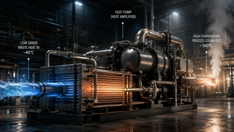 A high-temperature industrial heat pump generating process steam in a manufacturing facility.