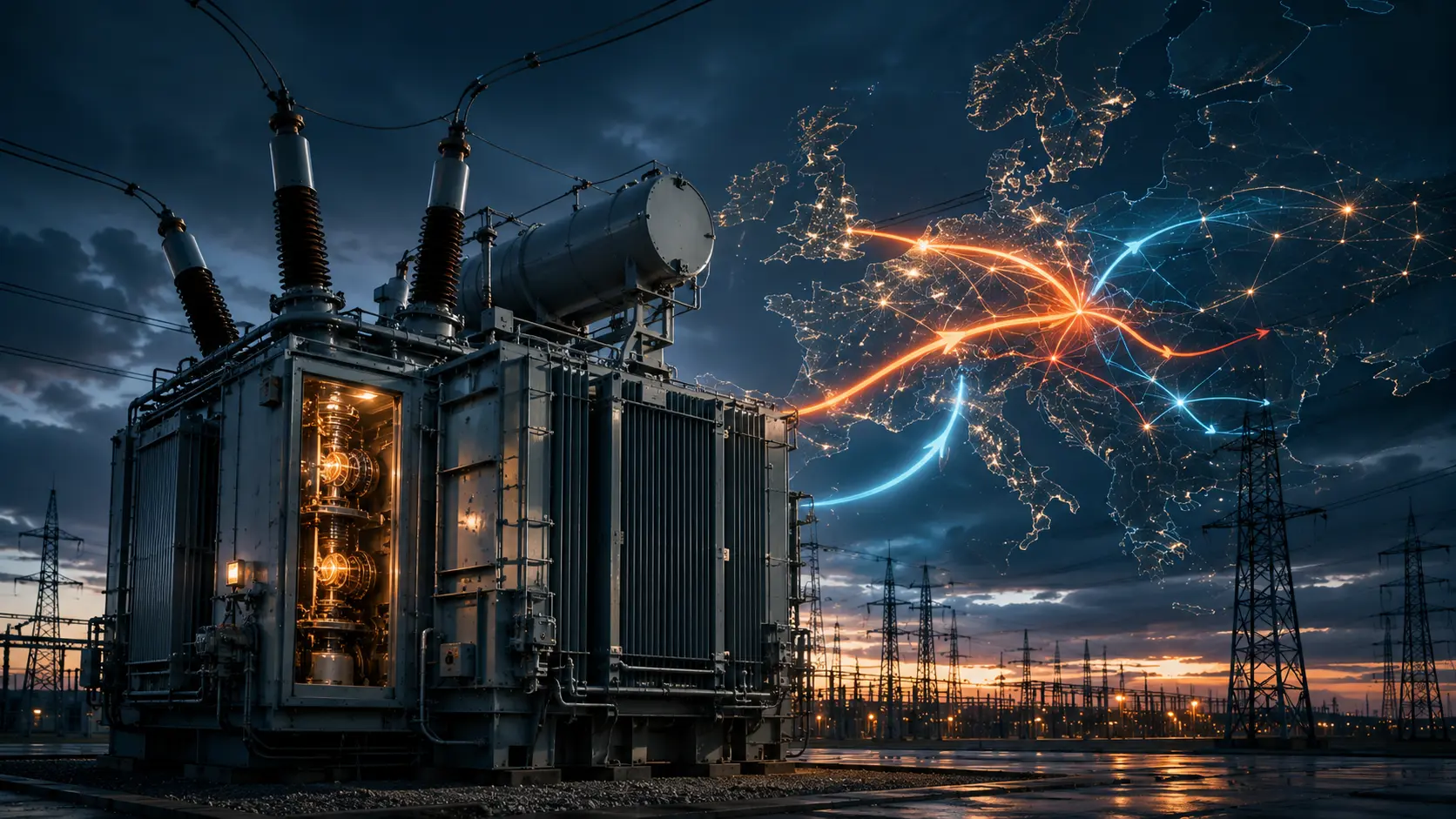 A high-voltage Phase-Shifting Transformer (PST) installed at a transmission grid substation.