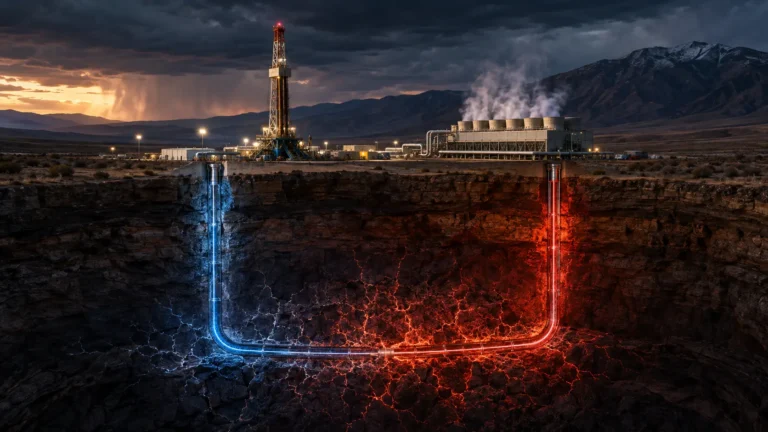 A horizontal drilling rig cracking deep hot rock for an Enhanced Geothermal System (EGS) power plant.