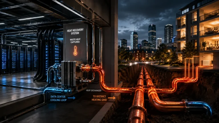 A hyperscale data center transferring liquid-cooled waste heat into a municipal district heating underground pipe network.