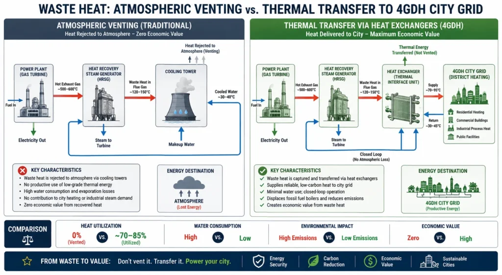 A liquid-to-liquid heat exchanger transferring thermal energy from a data center cooling loop to a 4th Generation District Heating (4GDH) grid.