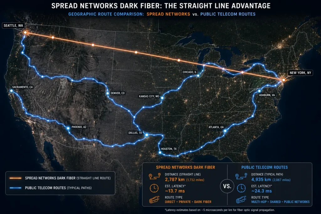 A map of the Spread Networks dark fiber route between Chicago and New Jersey.