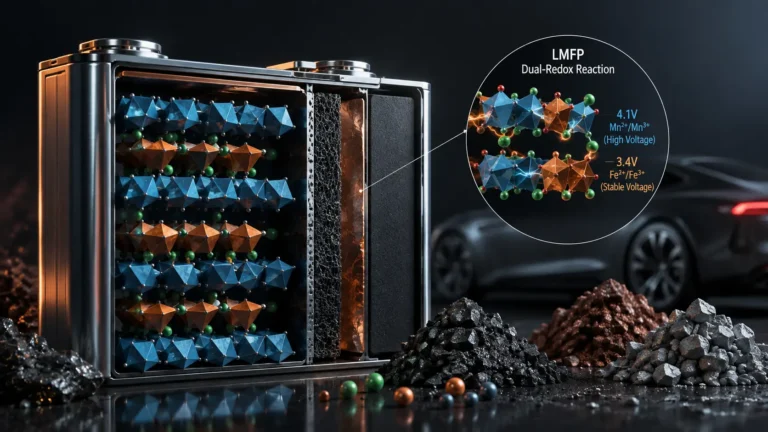 A massive EV battery pack utilizing LMFP battery chemistry on a modern manufacturing line.