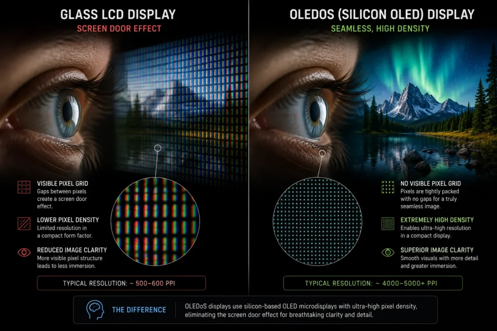 A microscopic view of an OLEDoS CMOS silicon backplane eliminating the screen door effect.