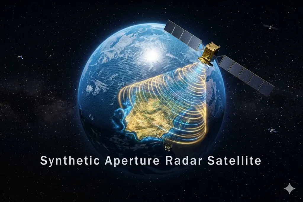 A modern SAR satellite actively illuminating the Earth's surface from Low Earth Orbit (LEO)..