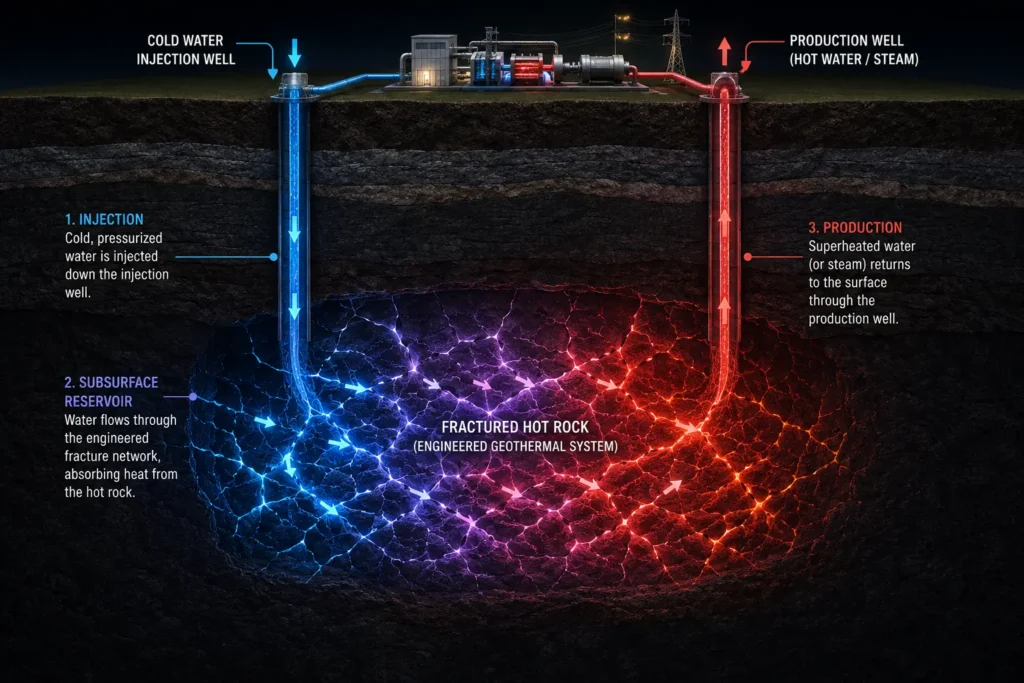 A molecular and flow diagram showing a Binary Cycle Power Plant converting EGS geothermal brine into baseload electricity.