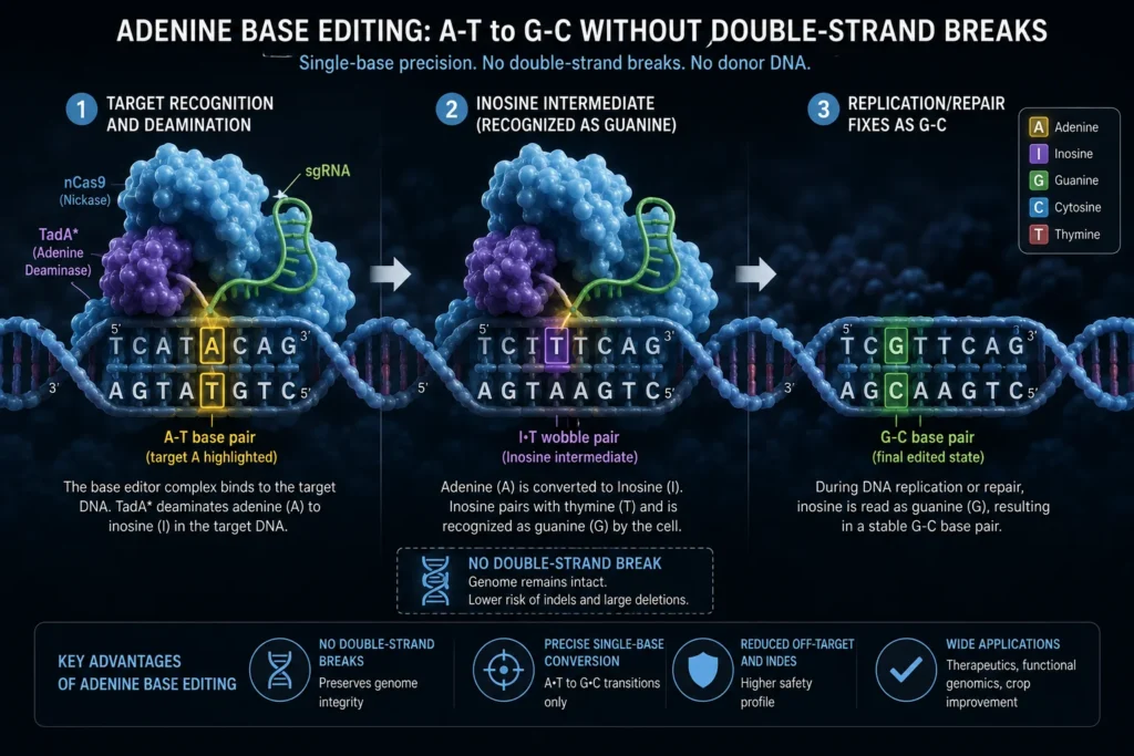 A molecular diagram comparing traditional CRISPR double-strand breaks with precision base editing chemical conversion.