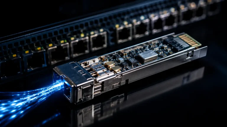 A network switch using Linear Pluggable Optics (LPO) modules to bypass DSPs in an AI data center.