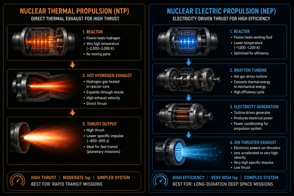 A performance comparison chart showing the Specific Impulse (Isp) differences between Chemical Rockets, Nuclear Thermal Propulsion (NTP), and Nuclear Electric Propulsion (NEP).