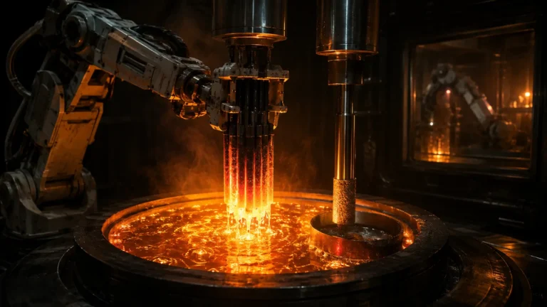 A robotic hot-cell executing nuclear pyroprocessing on spent nuclear fuel in a high-temperature molten salt electrorefiner.