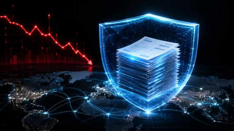 A secure digital shield protecting corporate invoices and global supply chains against bankruptcy.