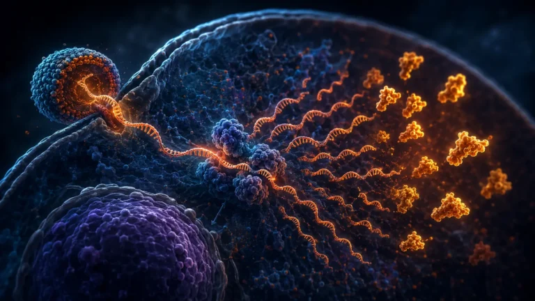 A self-amplifying RNA (saRNA) lipid nanoparticle entering a human cell to replicate antigens.