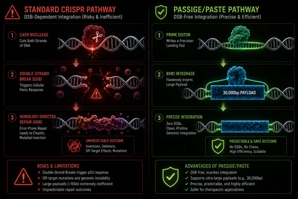 A side-by-side workflow comparison diagram. - Left Path (Red Warning Theme - Standard CRISPR) Right Path (Green Clean Tech Theme - PASSIGEPASTE)
