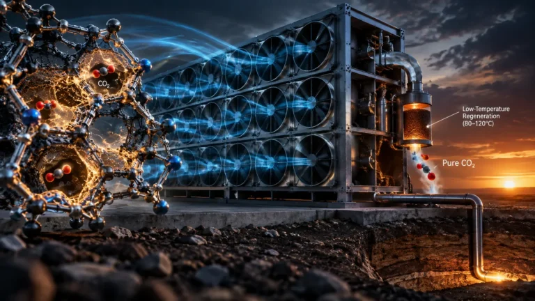 A solid sorbent Direct Air Capture (DAC) facility using Metal-Organic Frameworks (MOFs) to remove CO2 from the atmosphere.