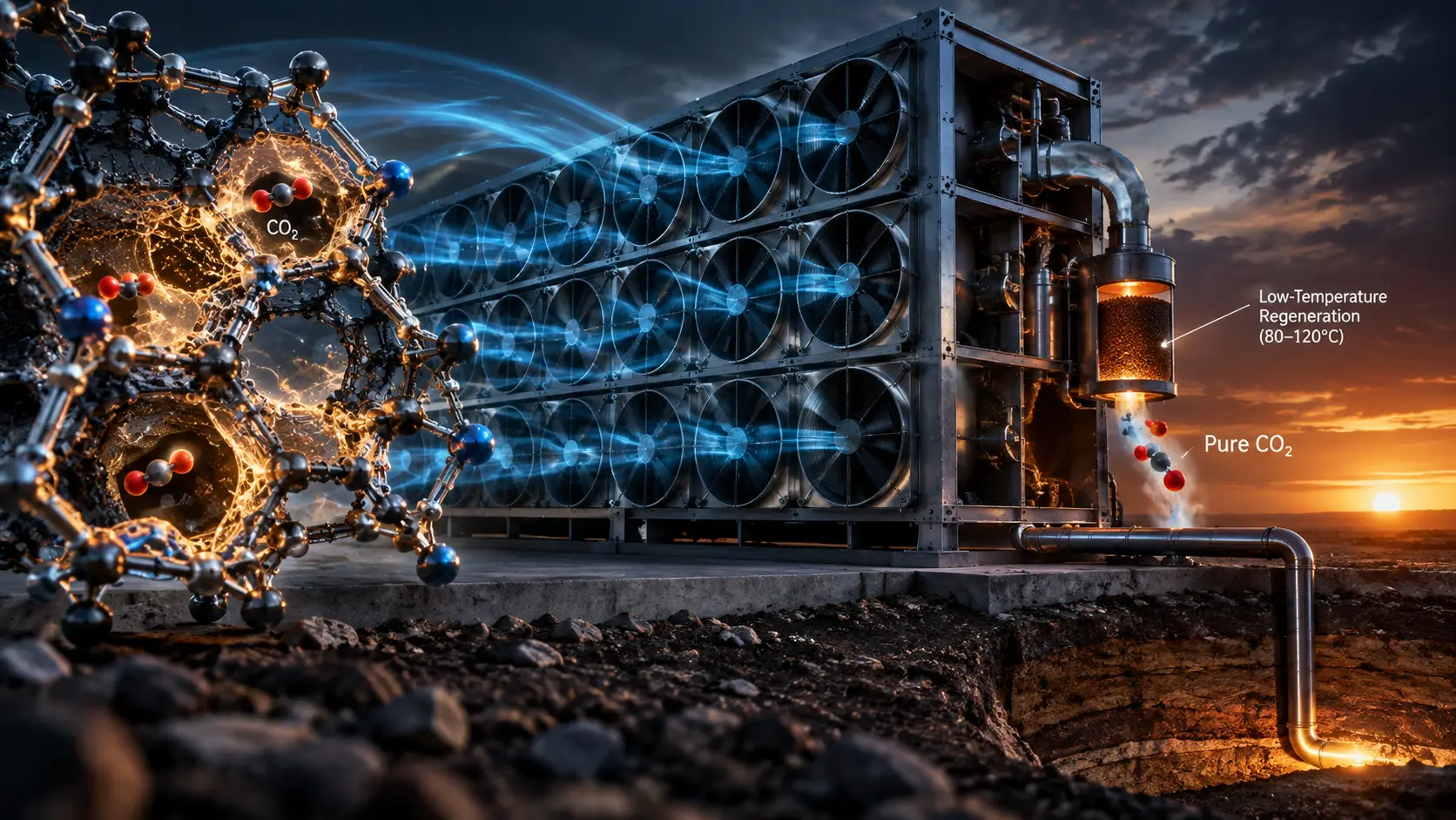 A solid sorbent Direct Air Capture (DAC) facility using Metal-Organic Frameworks (MOFs) to remove CO2 from the atmosphere.