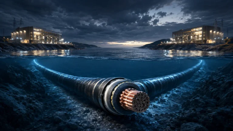 A specialized cable laying vessel installing a subsea HVDC interconnector cable across the ocean floor.