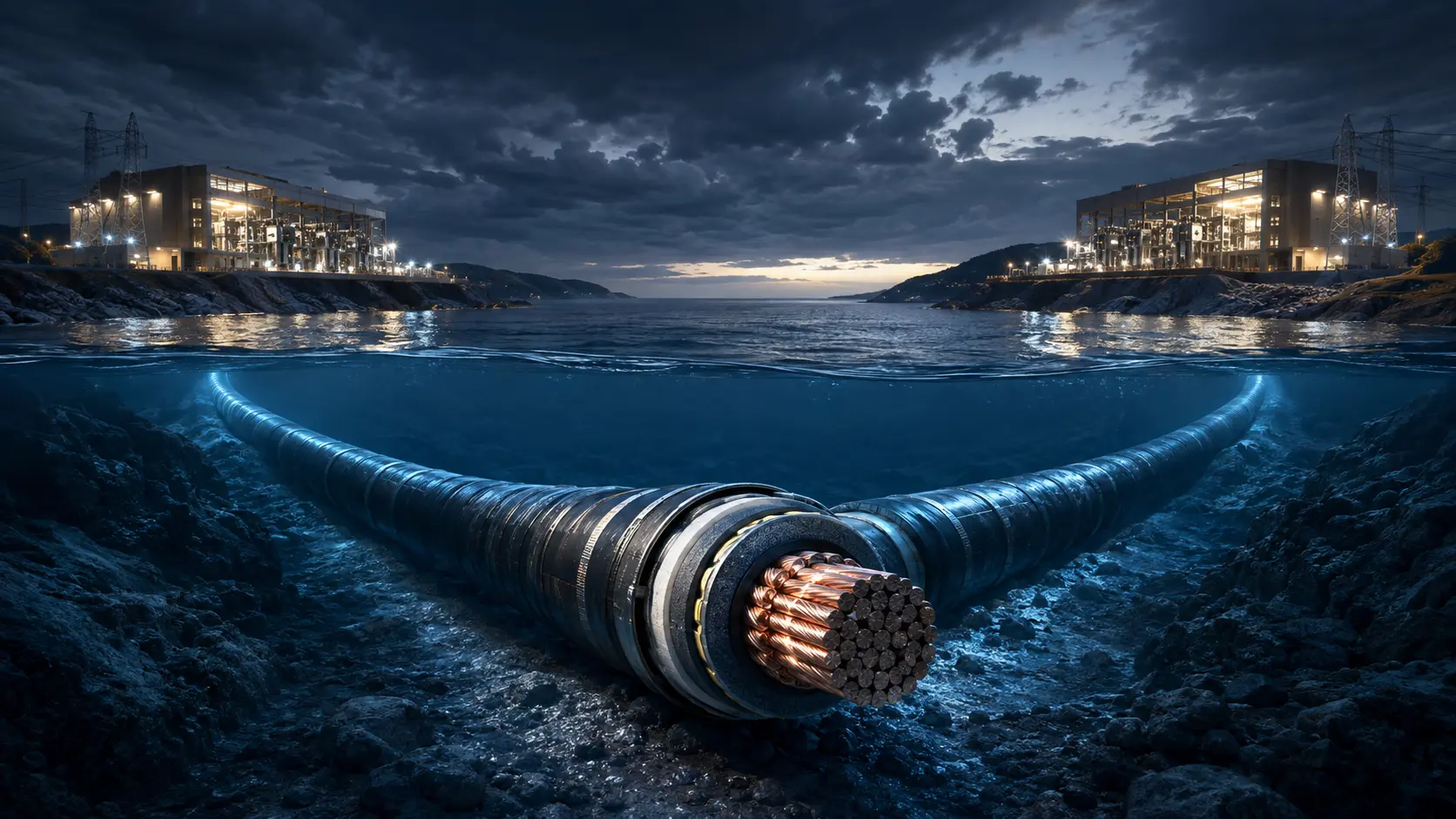 A specialized cable laying vessel installing a subsea HVDC interconnector cable across the ocean floor.