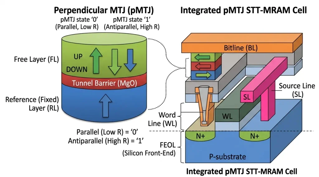 A standard pMTJ architecture integrated into the backend of a CMOS transistor, decoupling the memory from the underlying silicon constraints..