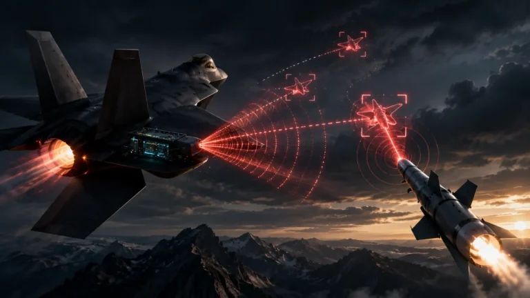 A stealth fighter jet deploying Digital Radio Frequency Memory (DRFM) to jam an incoming missile's AESA radar.
