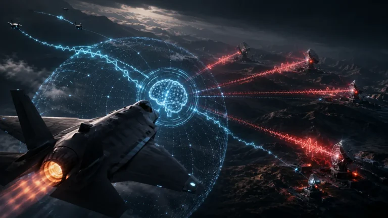 A stealth fighter jet utilizing Cognitive Electronic Warfare (CEW) to jam enemy radar signals using artificial intelligence.