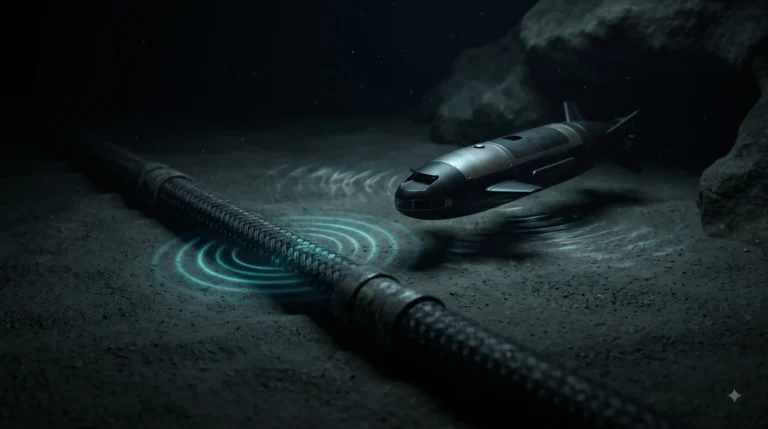 A tactical naval map showing subsea acoustic warfare operations and autonomous underwater vehicles near critical subsea internet cables.