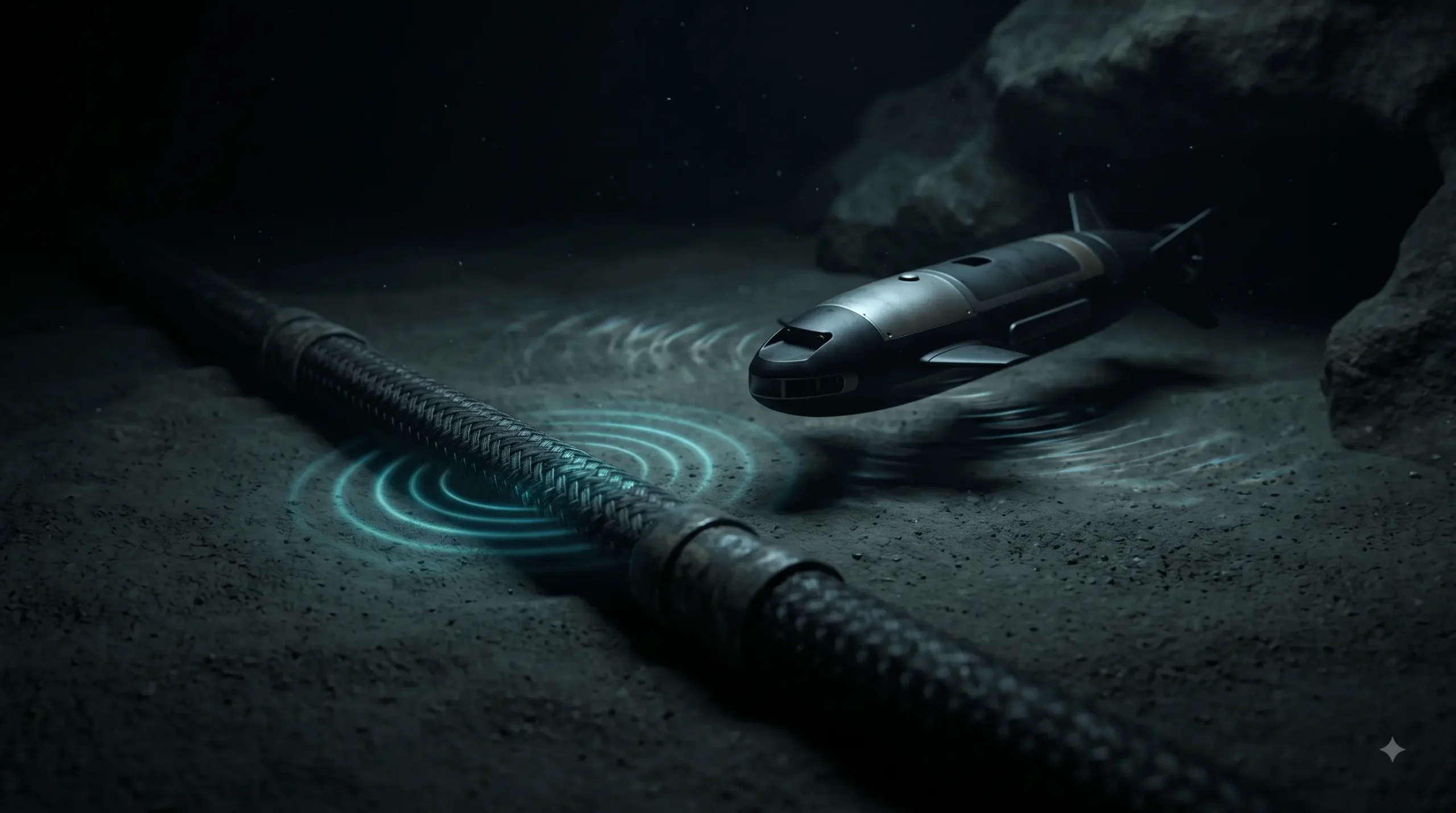 A tactical naval map showing subsea acoustic warfare operations and autonomous underwater vehicles near critical subsea internet cables.
