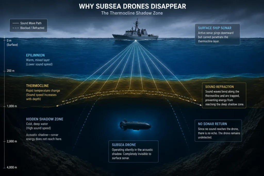 A technical cross-section diagram explaining ocean shadow zones, the SOFAR channel, and Sound Velocity Profiles (SVP).