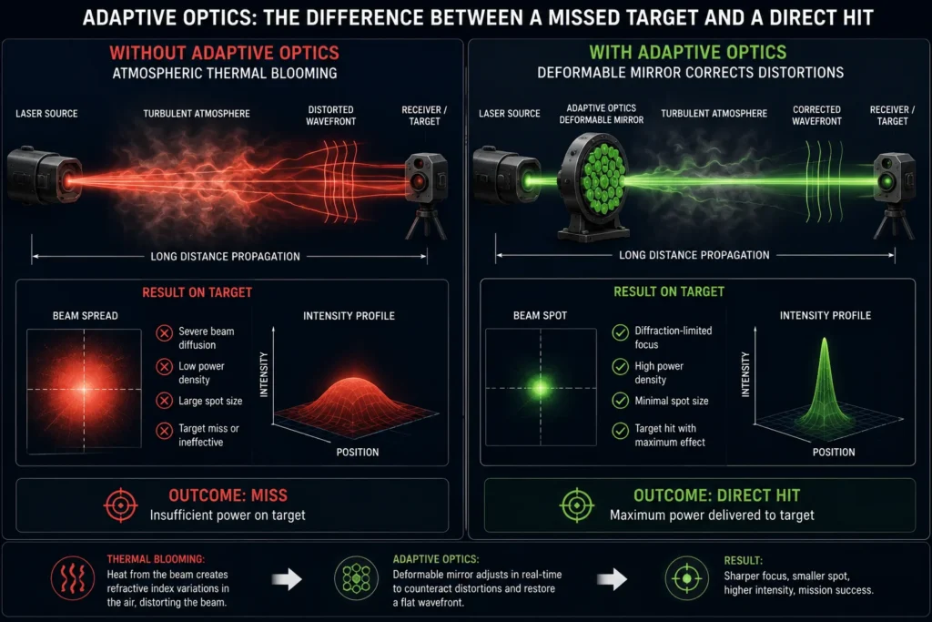 A technical diagram showing how adaptive optics and deformable mirrors correct thermal blooming for ASAT lasers.