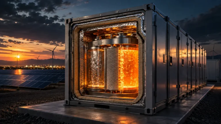 A utility-scale Sodium-Sulfur (NaS) battery installation stabilizing a renewable energy grid.