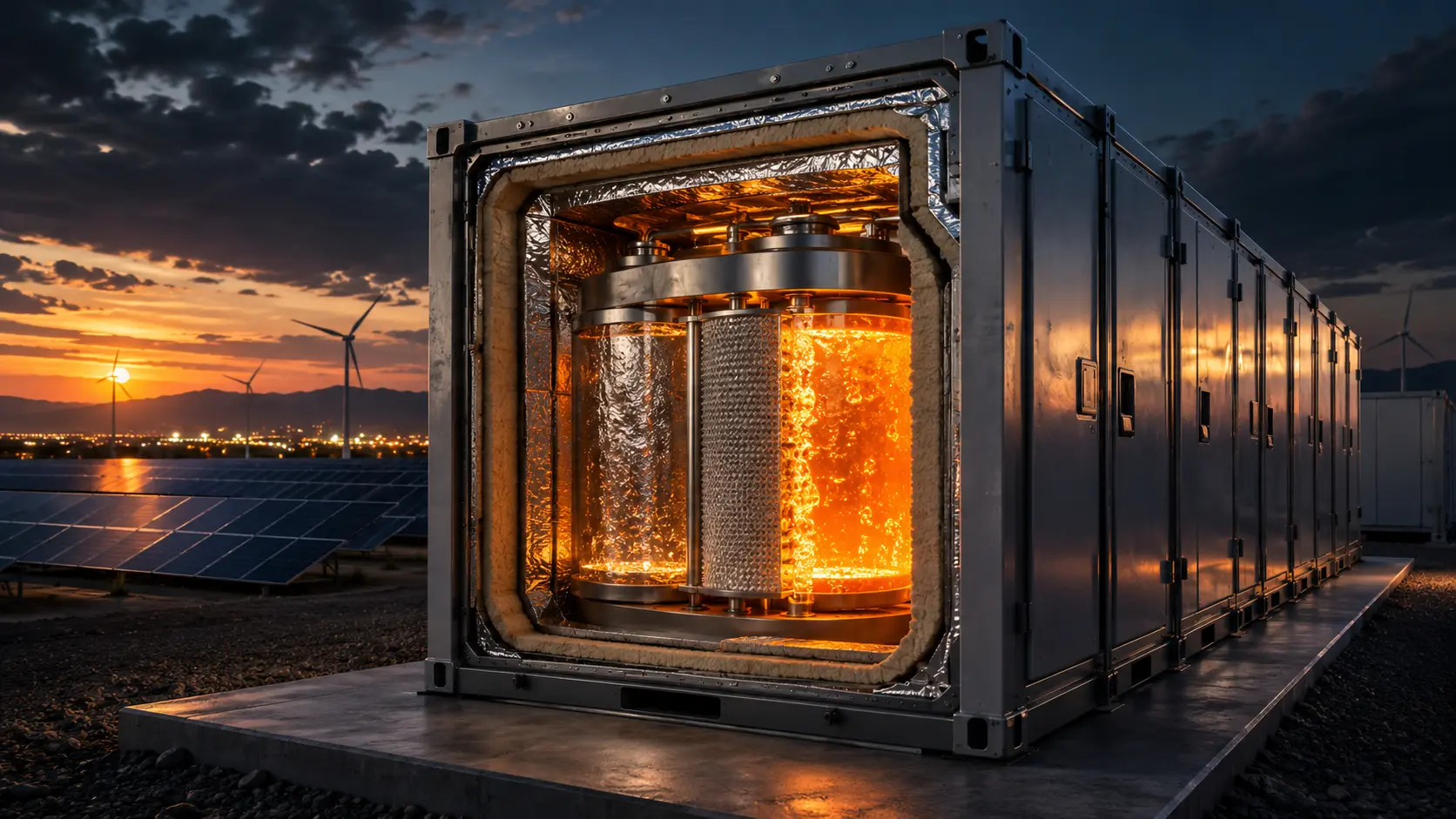 A utility-scale Sodium-Sulfur (NaS) battery installation stabilizing a renewable energy grid.