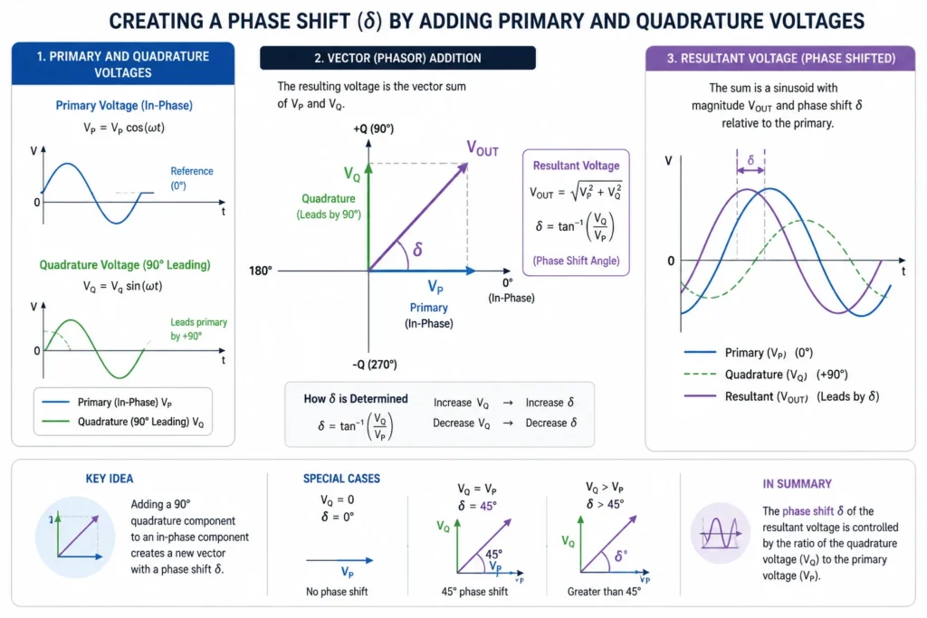 A vector diagram illustrating quadrature voltage injection in a Phase-Shifting Transformer.