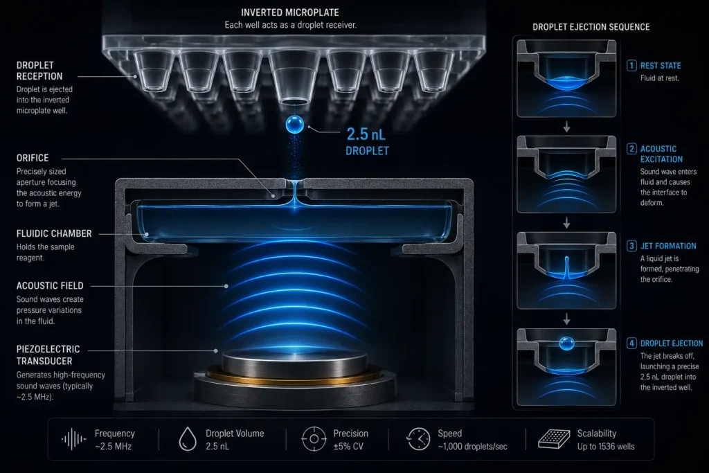 A visual breakdown of Acoustic Droplet Ejection (ADE) moving nanoliter fluids for AI drug discovery.