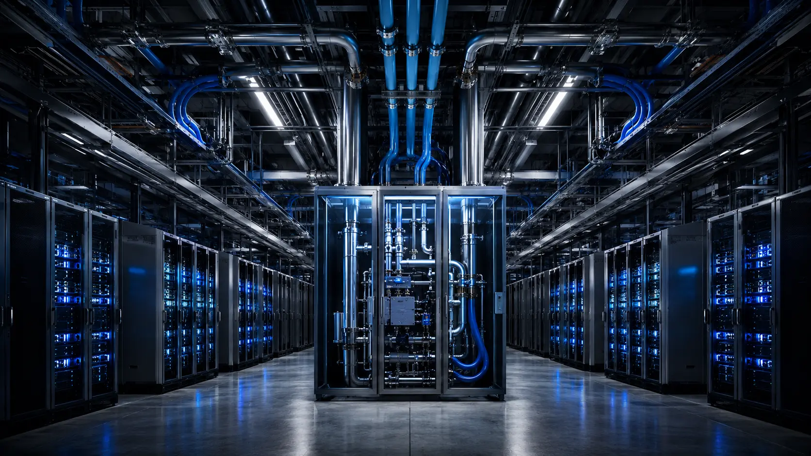 AI-optimized data centers utilizing direct-to-chip liquid cooling to manage extreme heat from GPU clusters.
