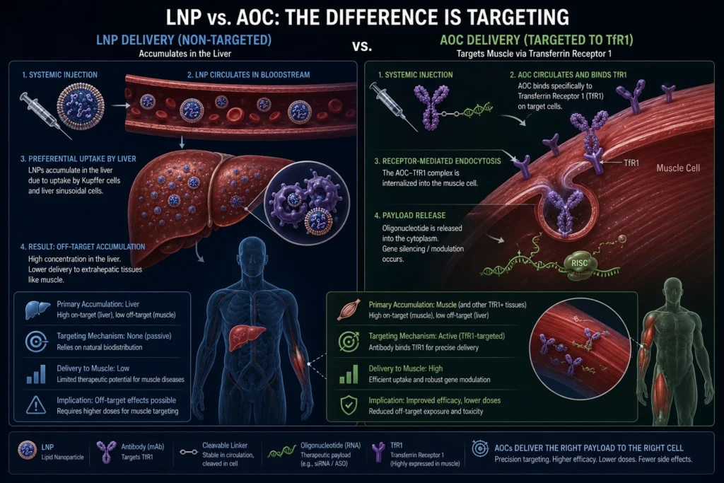 AOC extra-hepatic delivery via receptor-mediated endocytosis vs Lipid Nanoparticles LNP