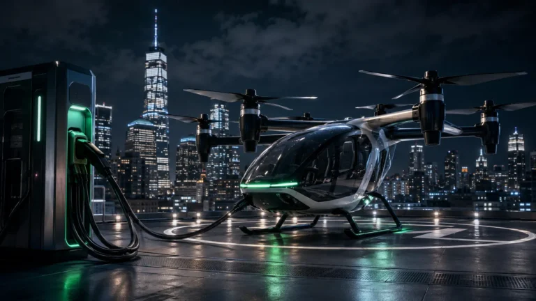 Advanced Air Mobility AAM electric vertical takeoff and landing eVTOL aircraft at an urban vertiport