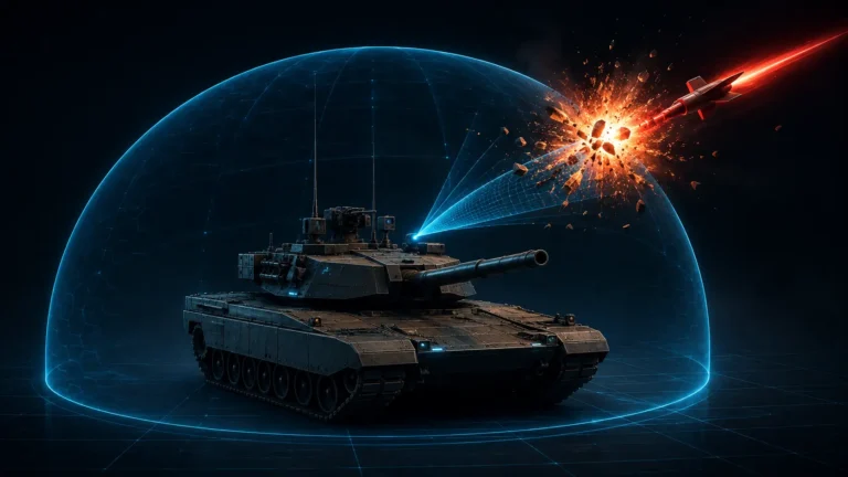 An Abrams tank equipped with an Active Protection System APS intercepting an incoming missile.