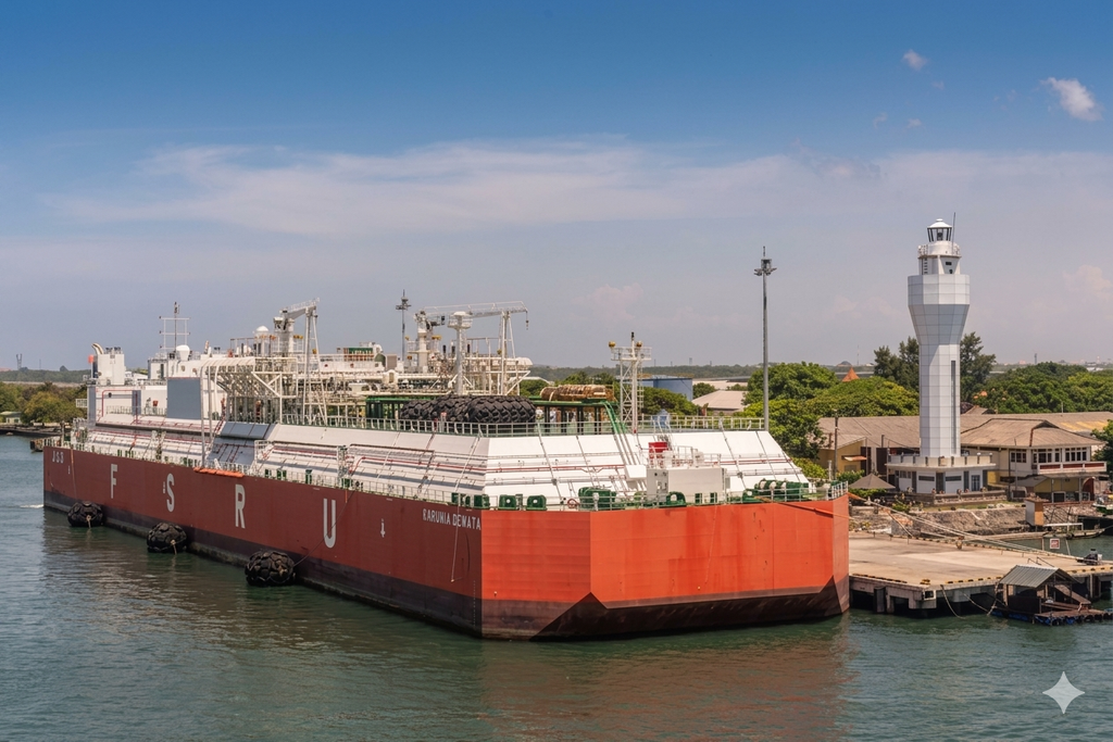 An FSRU moored securely at an offshore terminal, acting as a permanent, yet fully mobile, gateway to the national pipeline network..