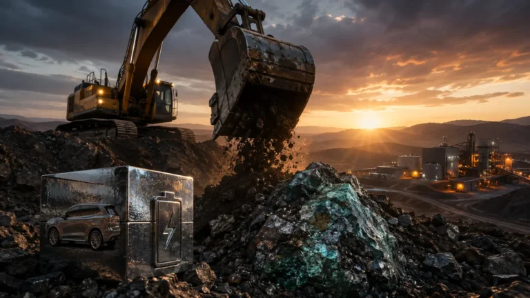 An electric vehicle manufacturing line conceptually linked to an open-pit lithium mine via an equity offtake agreement.