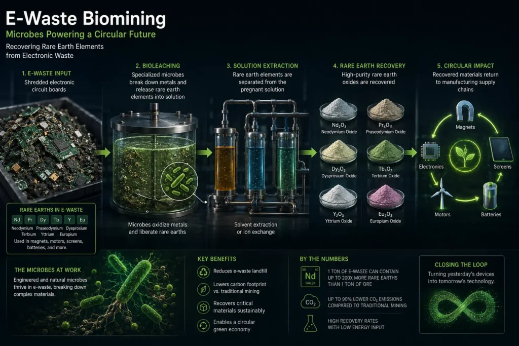 An illustration of E-Waste Biomining, showing microbes separating rare earth elements from shredded motherboards