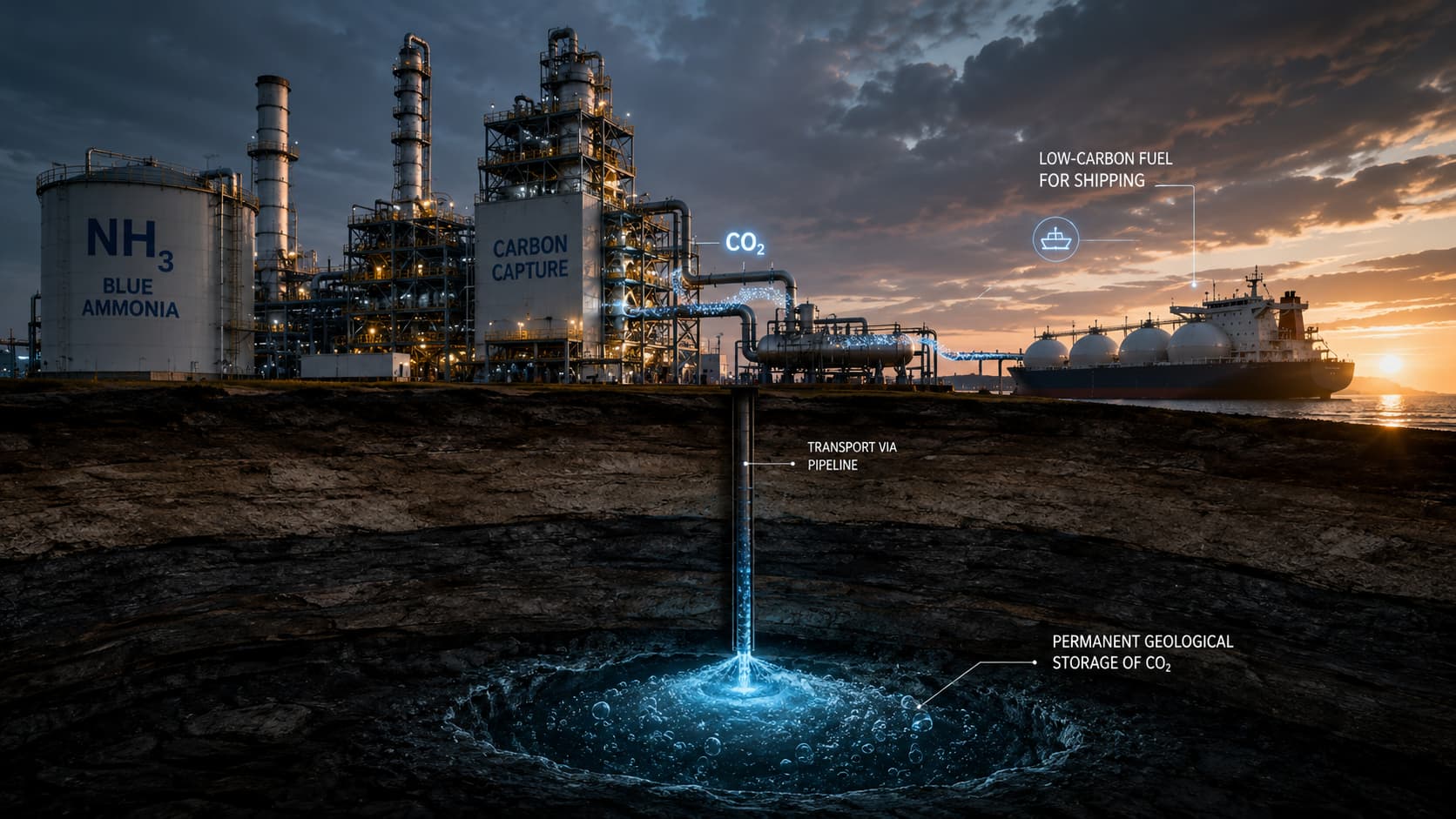 An industrial low-carbon blue ammonia production facility integrated with carbon capture and storage pipelines.