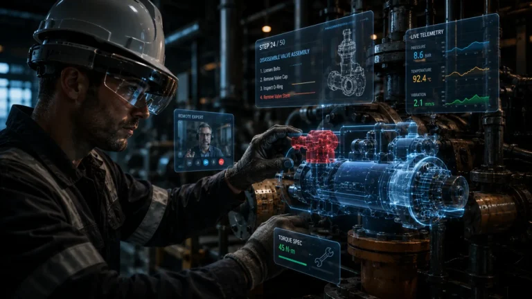An industrial mechanic using a spatial computing augmented reality headset to repair a heavy factory turbine.