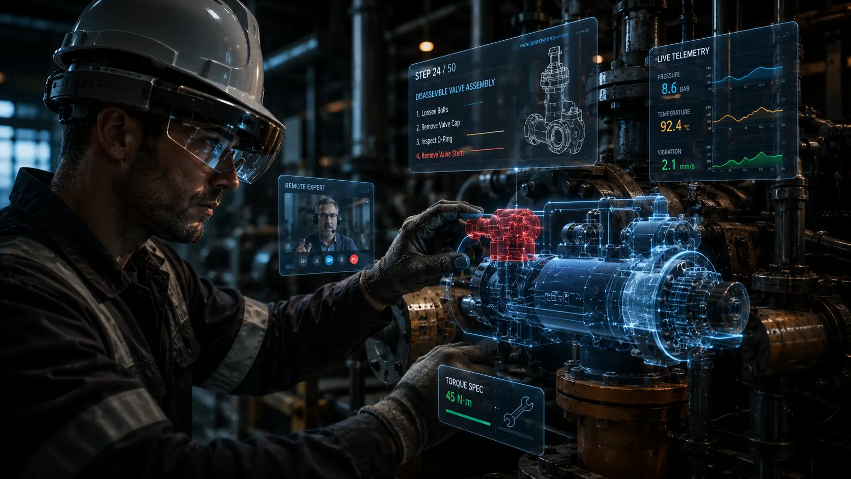An industrial mechanic using a spatial computing augmented reality headset to repair a heavy factory turbine.