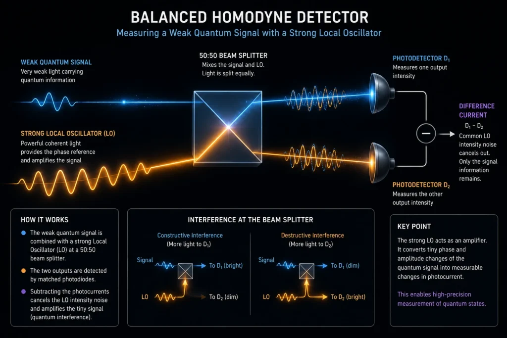 Balanced homodyne detector and local oscillator used in a CV-QKD receiver.