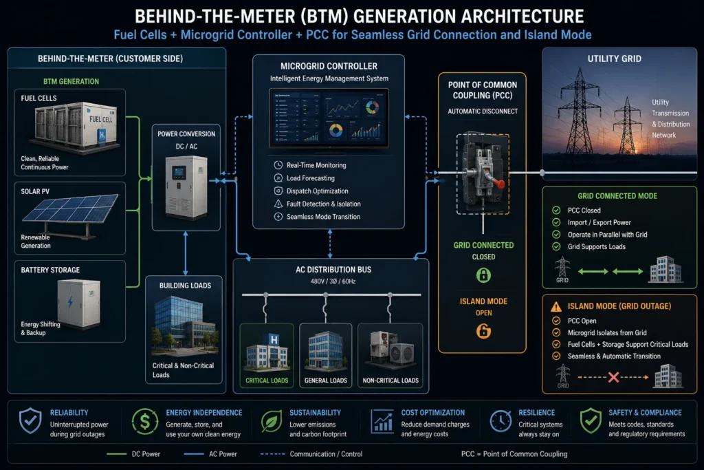 Behind-the-meter BTM generation and island mode in data center microgrids