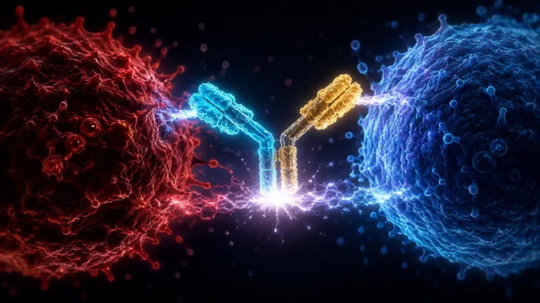 Bispecific antibodies physically tethering T-cells to target cancer cells in immuno-oncology.